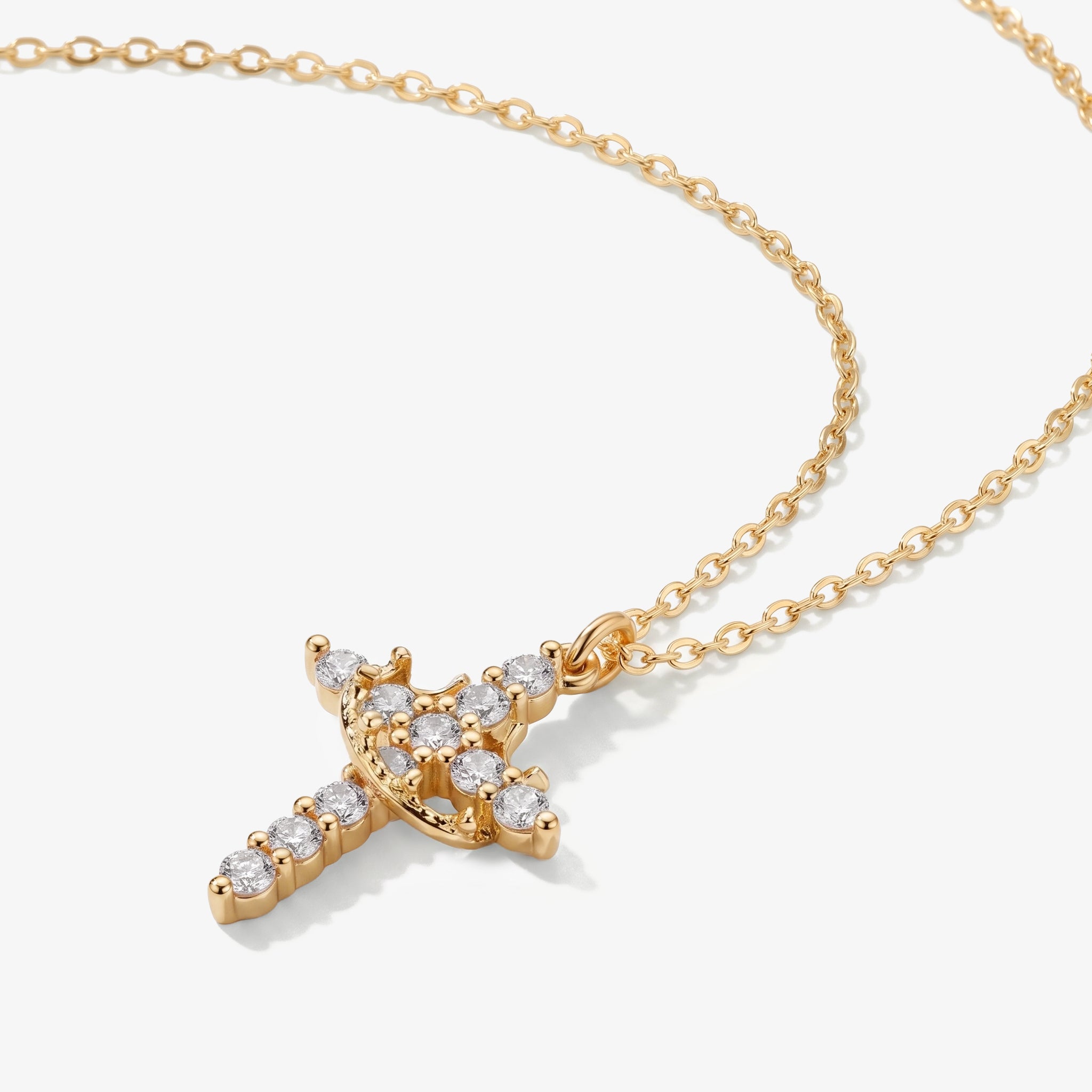 Cross and Crown Necklace 18K Gold Finish