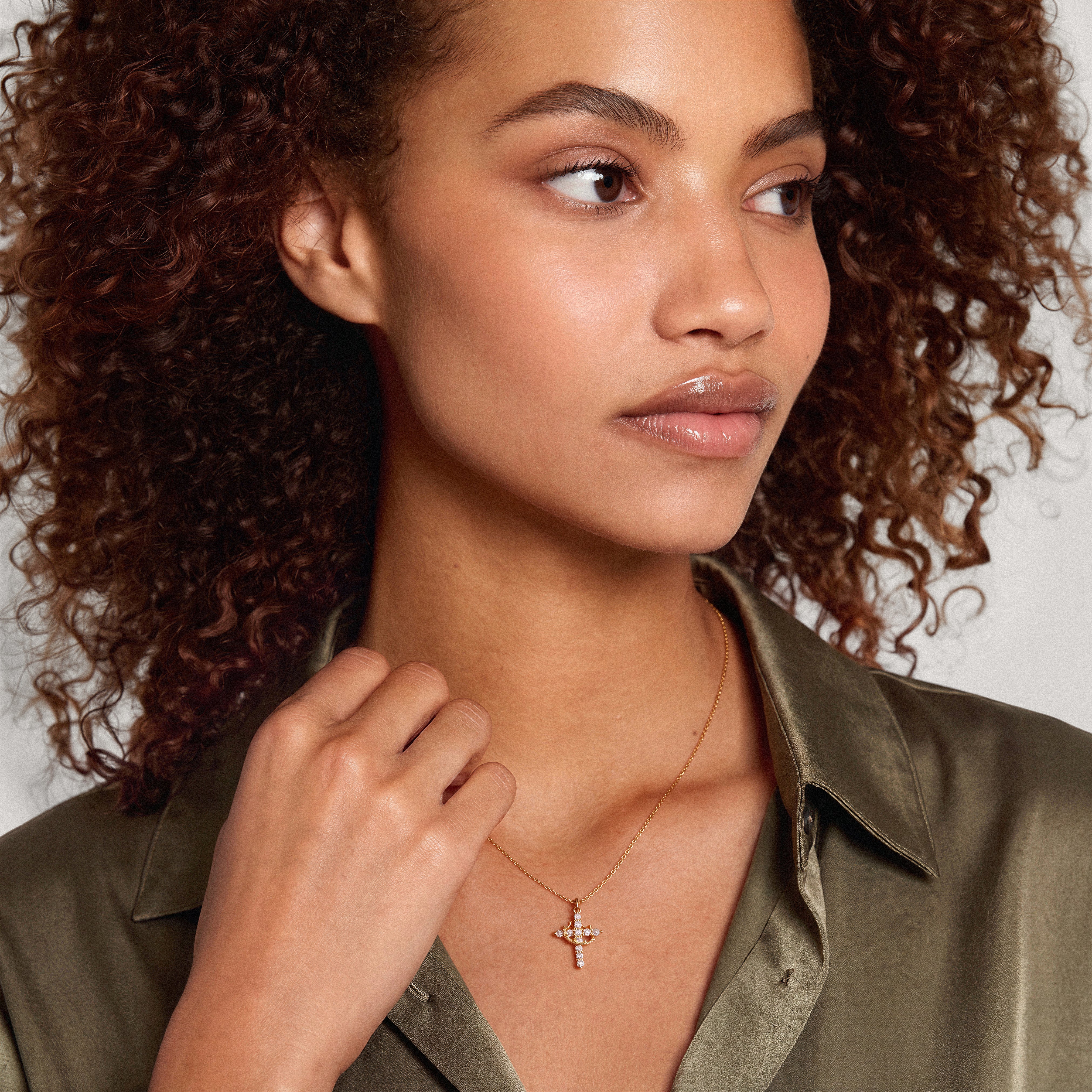 Cross and Crown Necklace worn by model